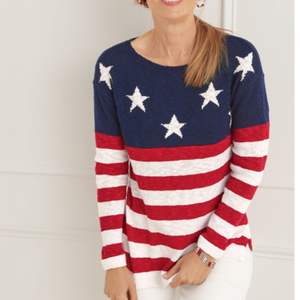 NWT Americana Linen Cotton Pullover Relaxed Fit Size XS Talbots Long Sleeve Flag